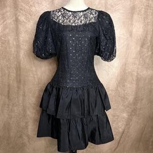 Vintage 80s Filigree Puff Sleeve Drop Waist Midi Dress Back Bow Lace Whimsigoth